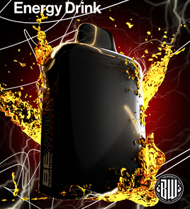 Energy drink container with fiery effects and branding on a dark background